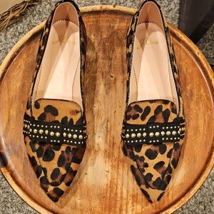 J.Crew Leopard Print Pony Hair Pointed Toe Flats With Studded Bow Size 8.5
